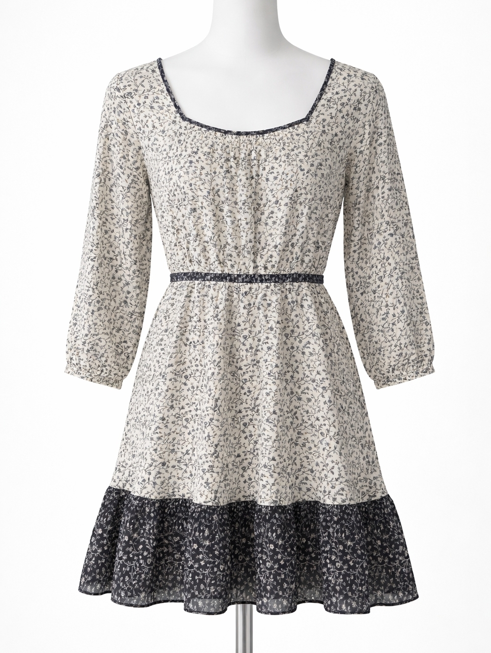Madewell Ruffle Hem Mixed Floral Mini Dress Small Black White Ditsy Cottagecore